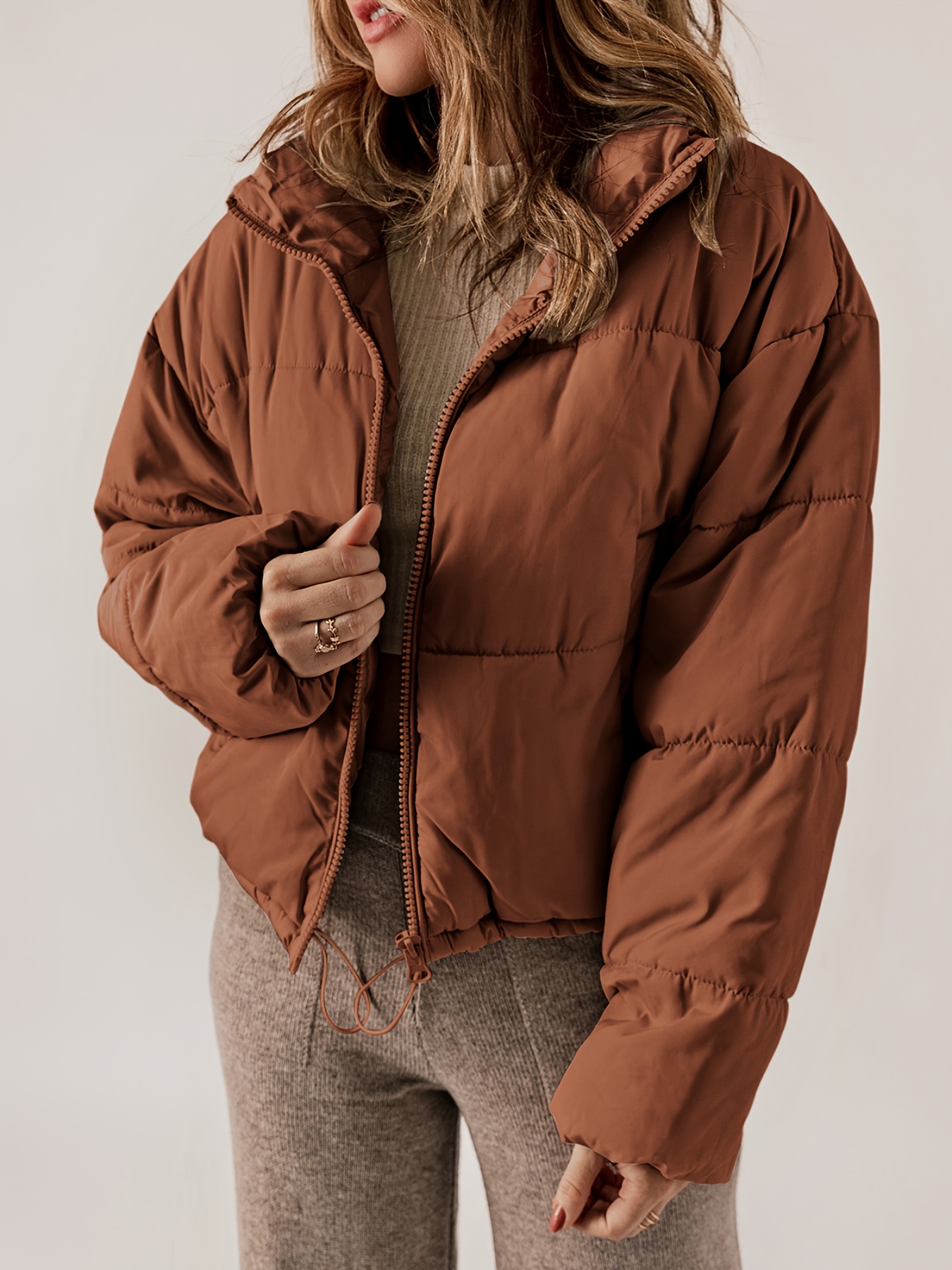 Zipper Warm Puffer Jackets For Winter Hiking Ski, Solid Color Crop Puffer  Coat, Women's Clothing - Temu