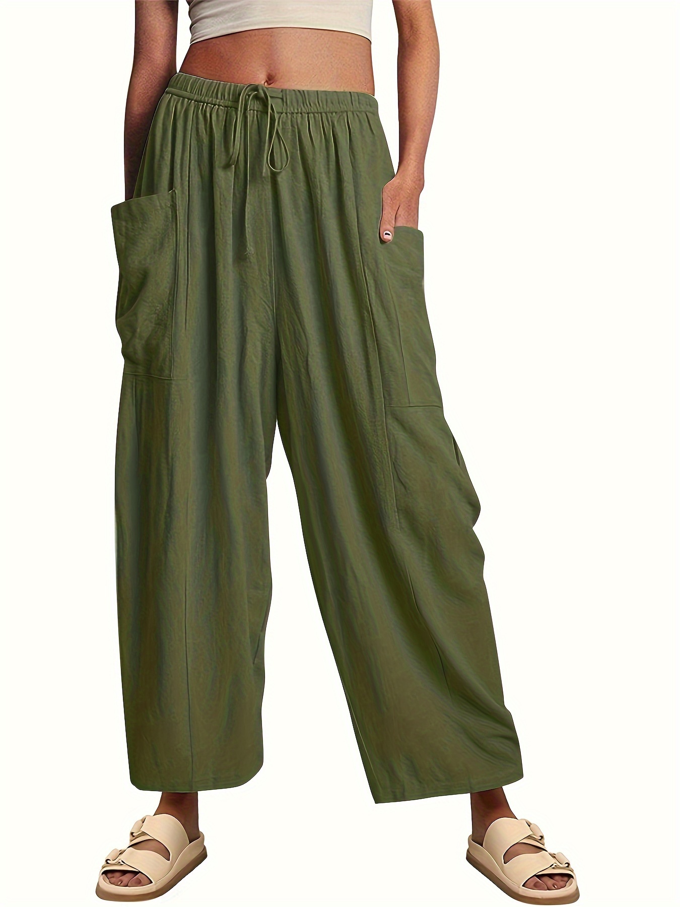 Solid Elastic Waist Flare Leg Pants, Casual Ruffle Pants For Spring & Fall,  Women's Clothing