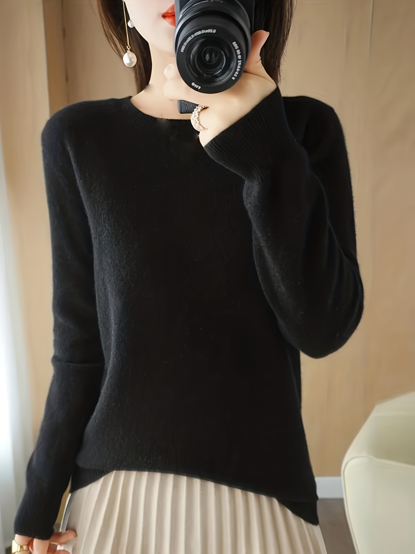 Solid Rib Knit Sweater Casual Drop Shoulder Crew Neck - Temu Canada