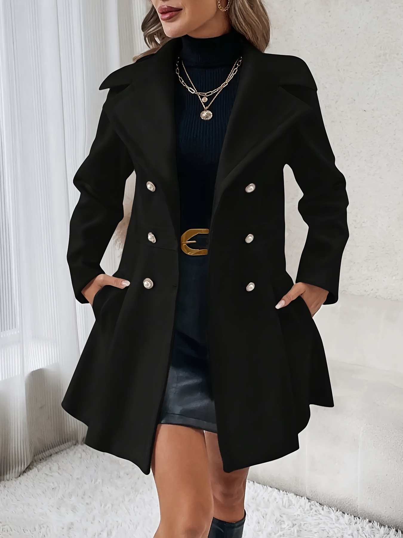 Solid Double Breasted Belted Overcoat, Versatile Long Sleeve Midi Length  Thermal Winter Coat, Women's Clothing