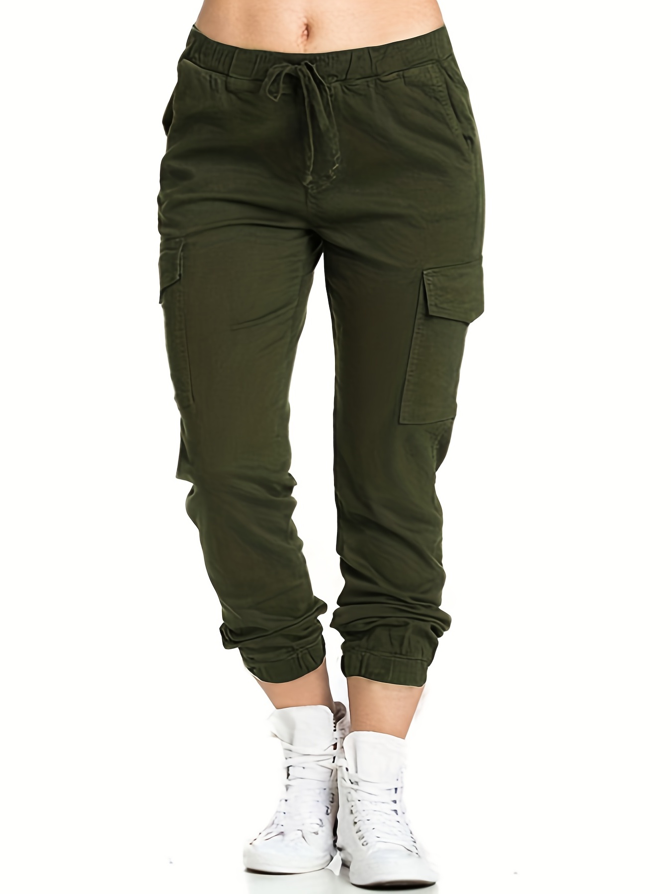 Flap Pockets Drawstring Cargo Pants, Casual Solid Jogger Pants For Spring,  Women's Clothing