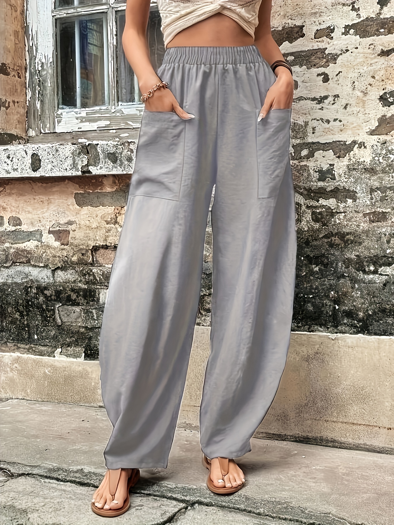 Women Flared Wide Leg Elastic Waist Loose Pants Trousers Solid Baggy Casual  Cos