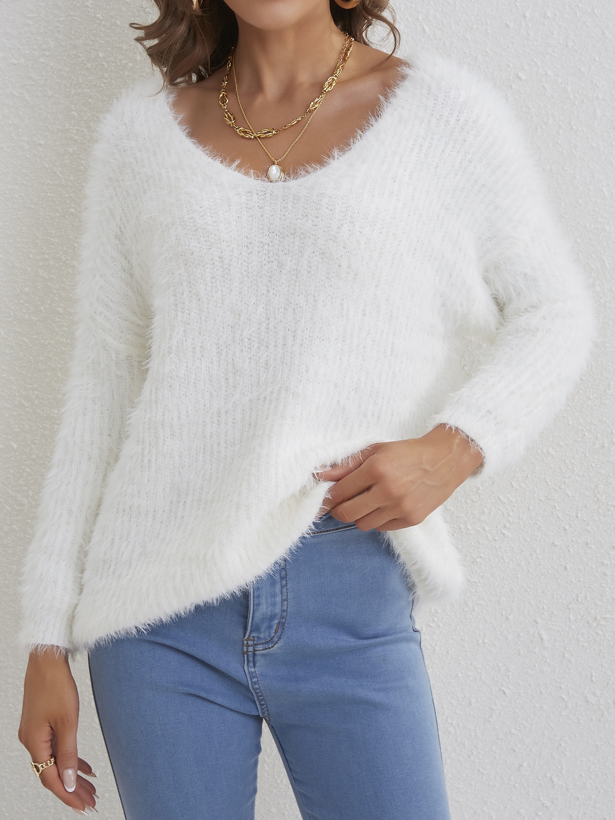 Solid V Neck Fuzzy Oversized Sweater, Casual Long Sleeve Soft Sweater,  Women's Clothing
