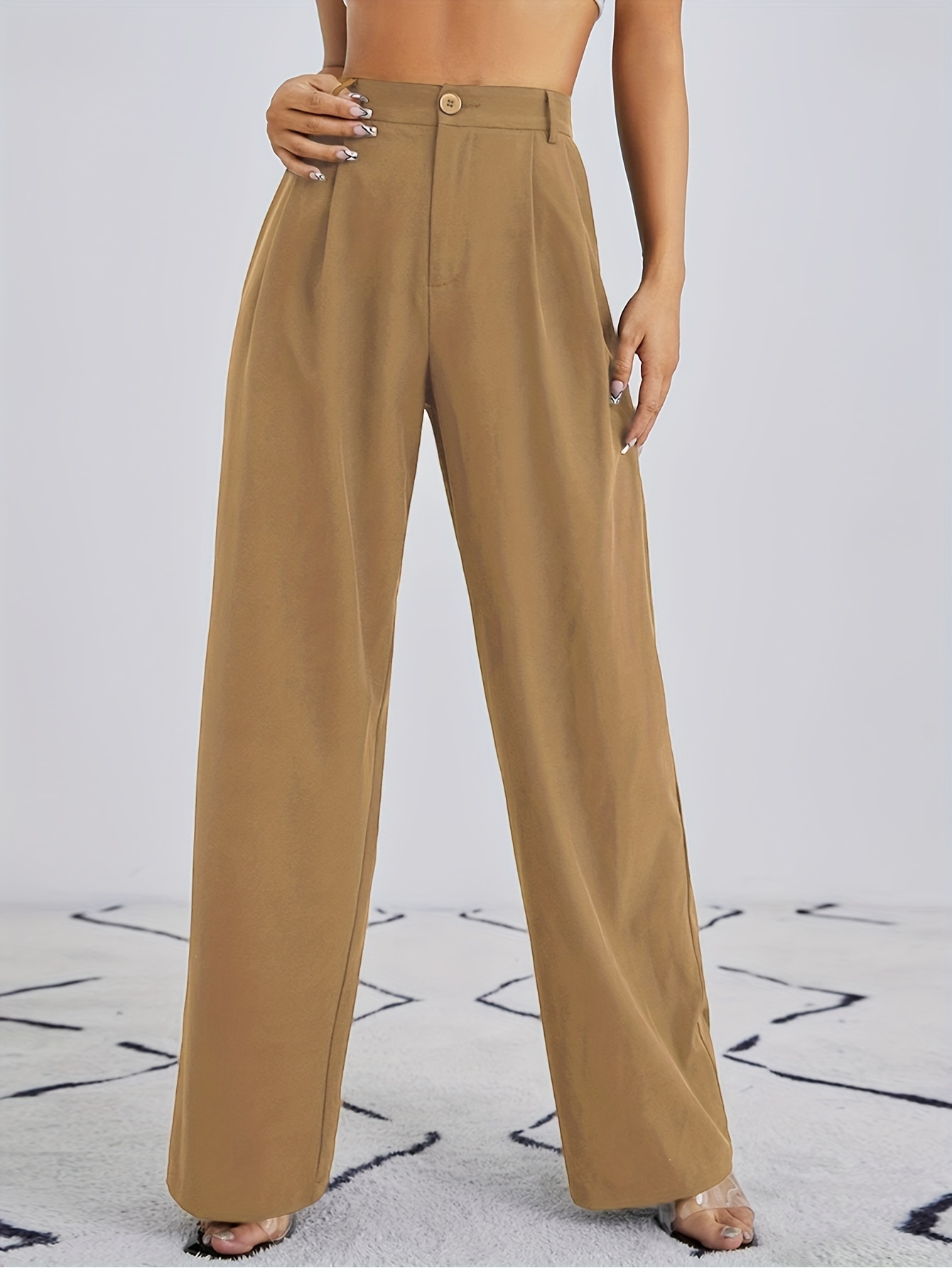 Pantalones Anchos Plisados Sólidos, Elegantes Pantalones Palazzo De Cintura  Alta, Ropa De Mujer