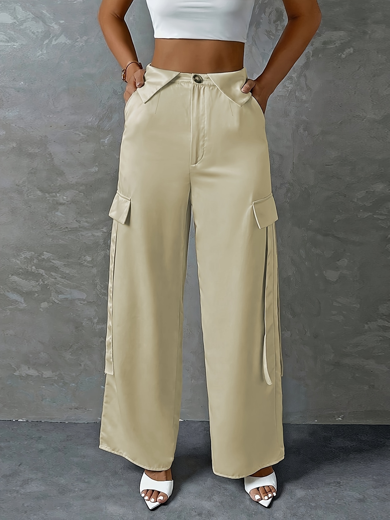 SHEIN Teen Girls' Casual Solid Color Utility High Waisted Long Pants,  Suitable For Spring, Summer And Autumn