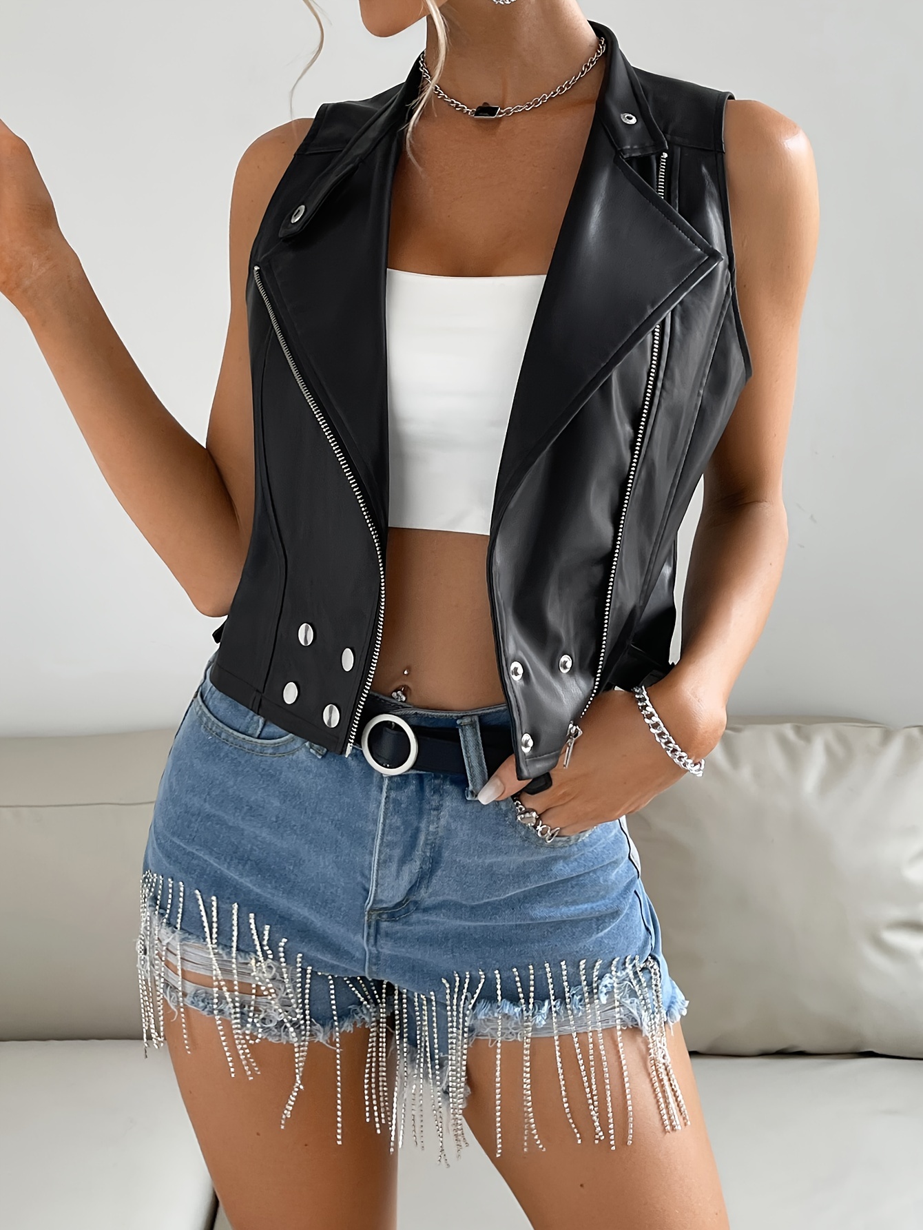 Bustier Faux Leather Strap Top, Sexy Sleeveless Crop Cami Top For Summer,  Women's Clothing