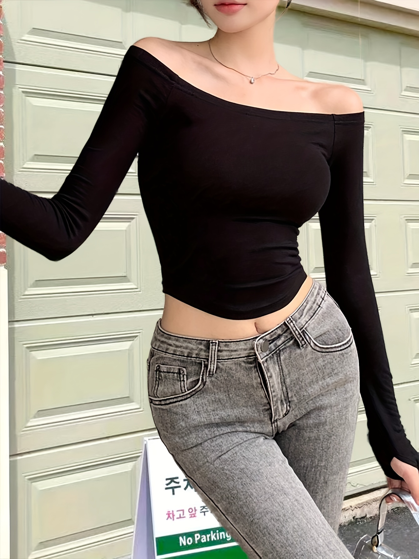 Y2K Off Shoulder Solid Crop Top, Sexy Long Sleeve Bodycon Fit T-shirt,  Women's Clothing