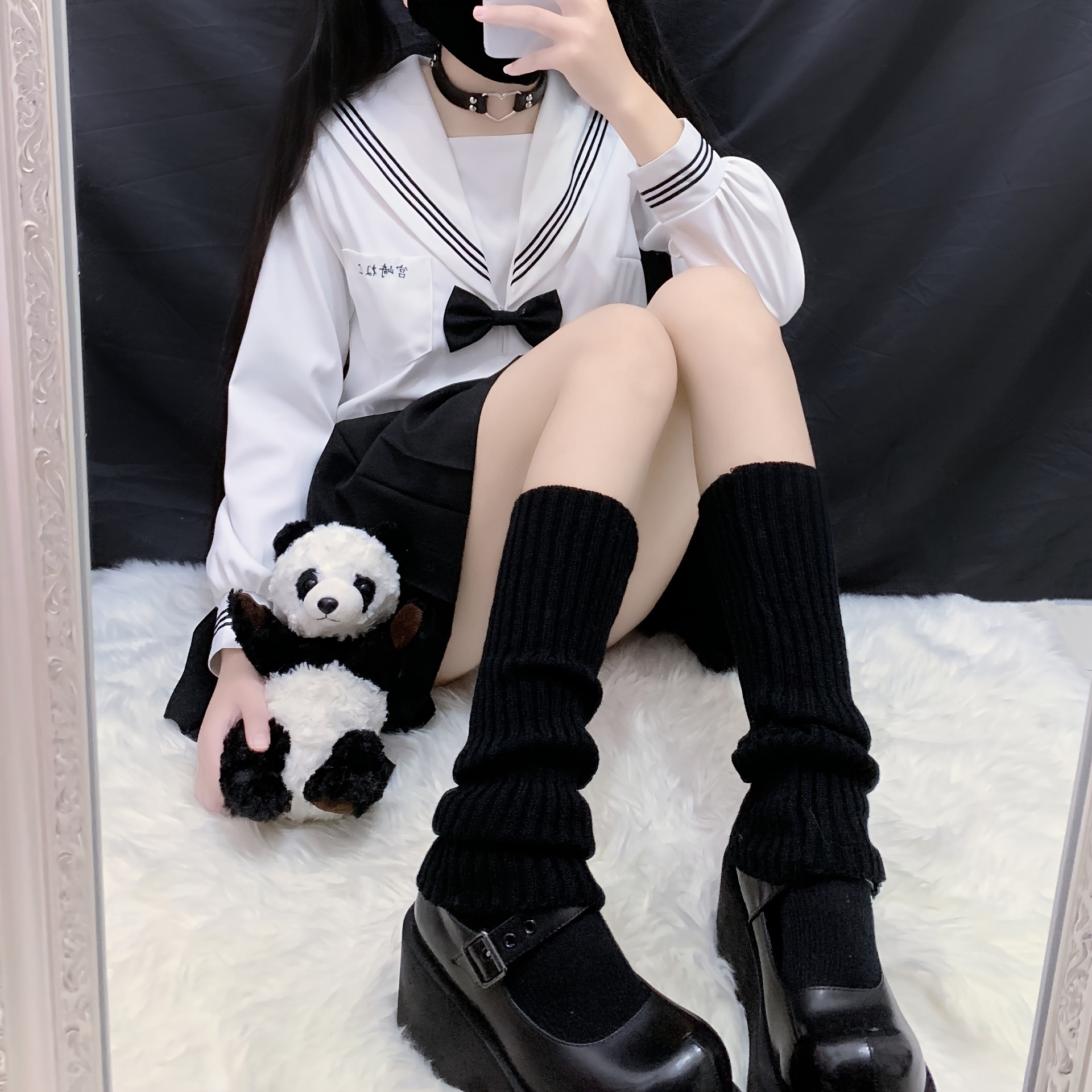 Panda /Cinnamoroll knotbow leg warmers - With Cinnamoroll Decoration / White