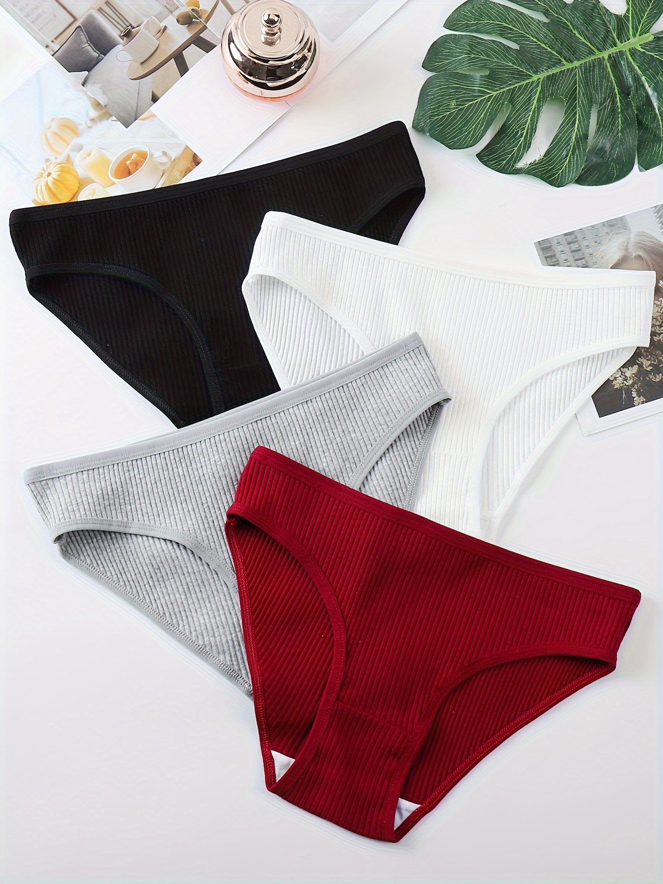 4 Pcs Ribbed Soft Cotton Letter Tape Briefs Panties Pack, Women's Underwear  & Lingerie