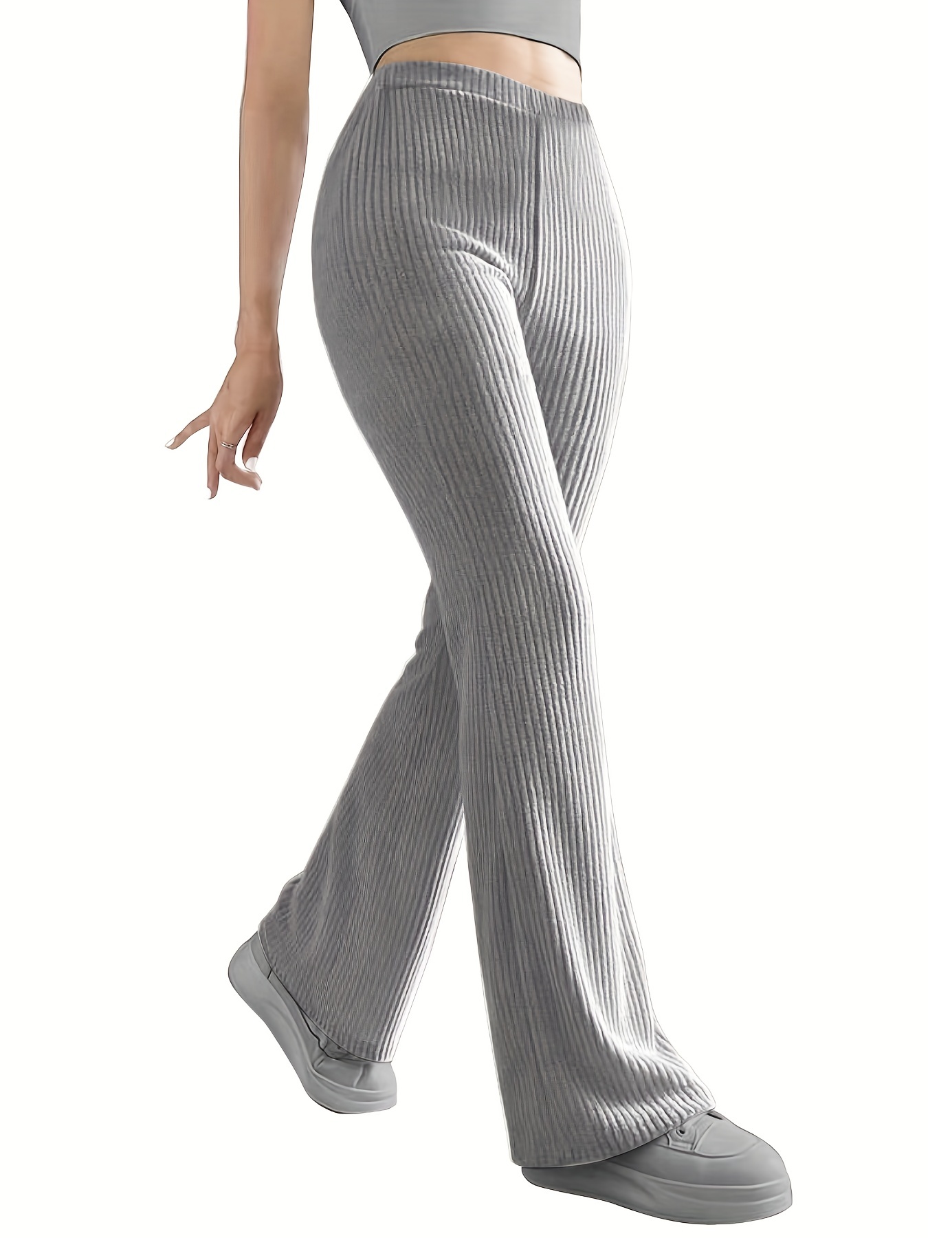 Solid Ribbed Flare Leg Pants Casual High Waist Slim Elastic - Temu