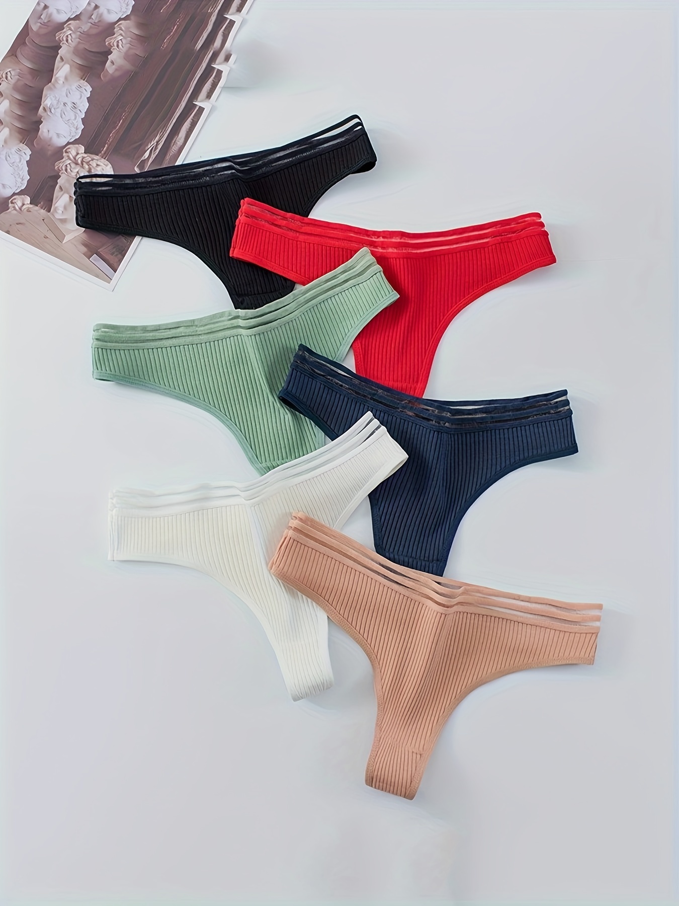 6 Pack Women's Mixed Color Low Waist Ribbed Thong Panties