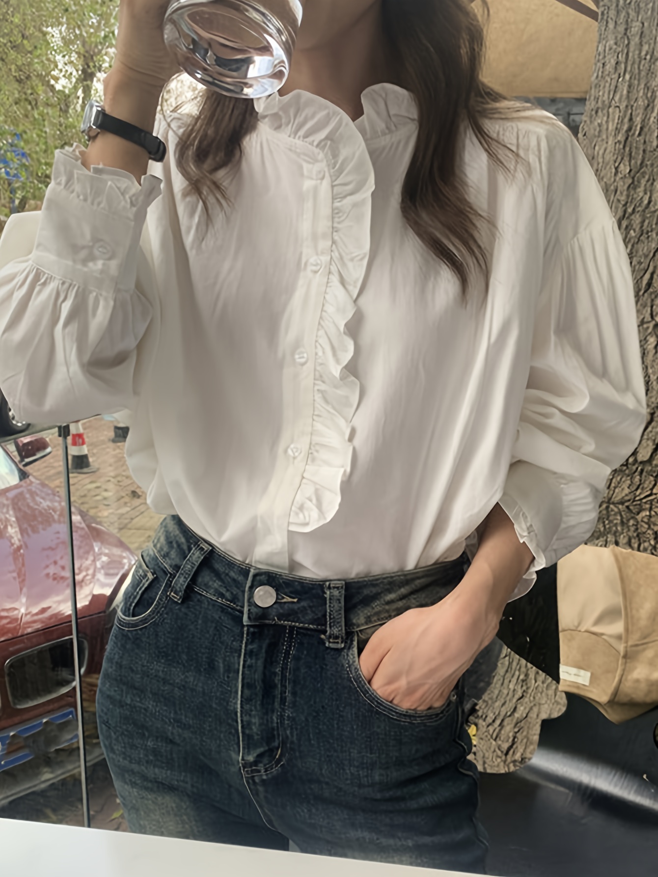 Vertical Striped Ruffle Sleeve Blouse