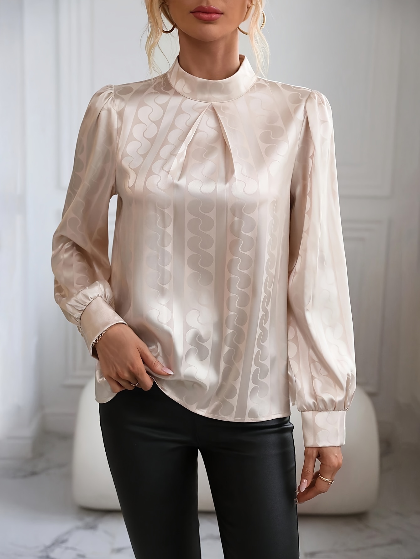 High Neck Solid Textured Blouse, Elegant Long Sleeve Comfy Blouse, Women's  Clothing