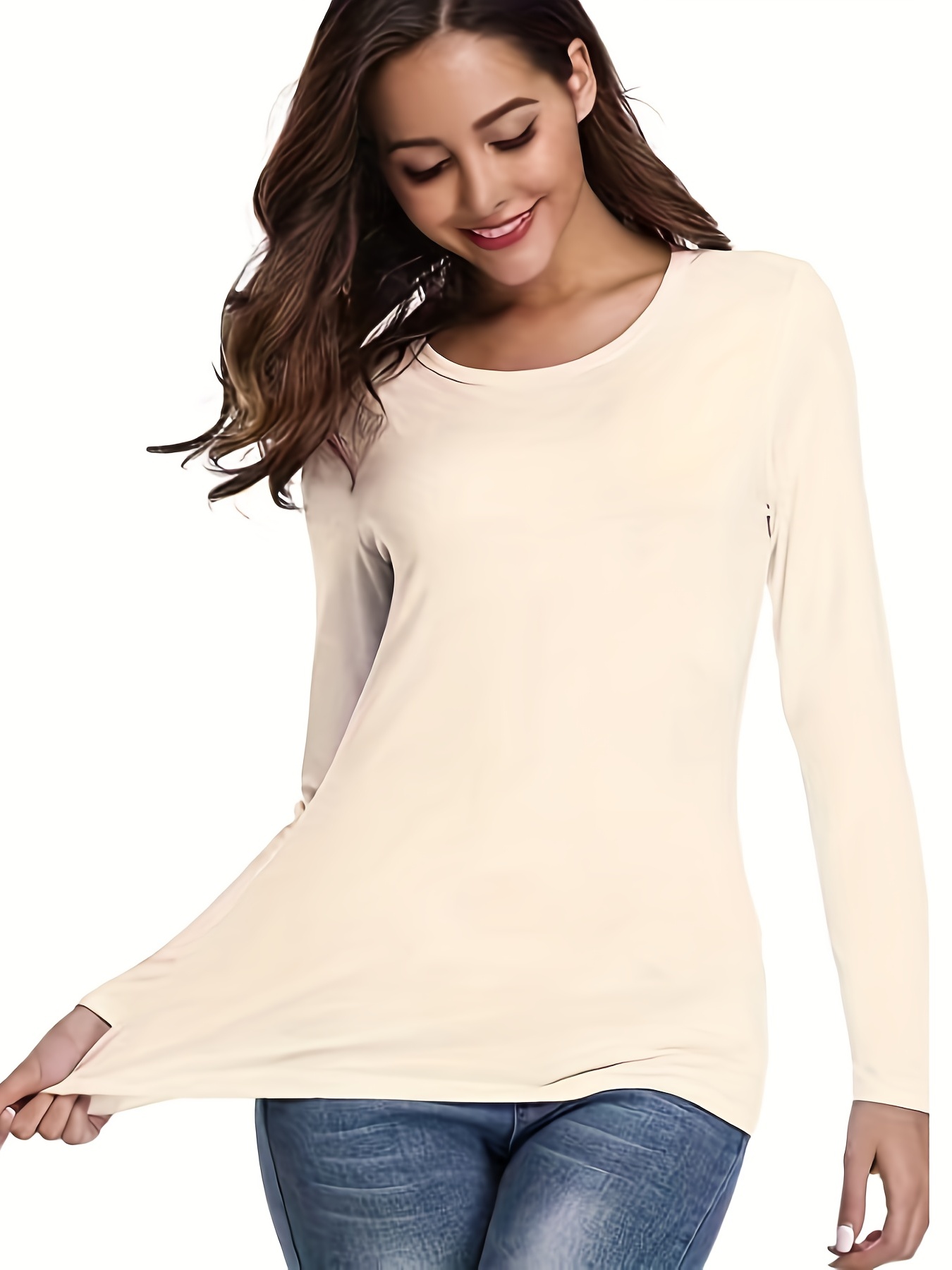 Solid Skinny Stretchy T-Shirt, Crew Neck Long Sleeve T-Shirt, Casual Every  Day Tops, Women's Clothing