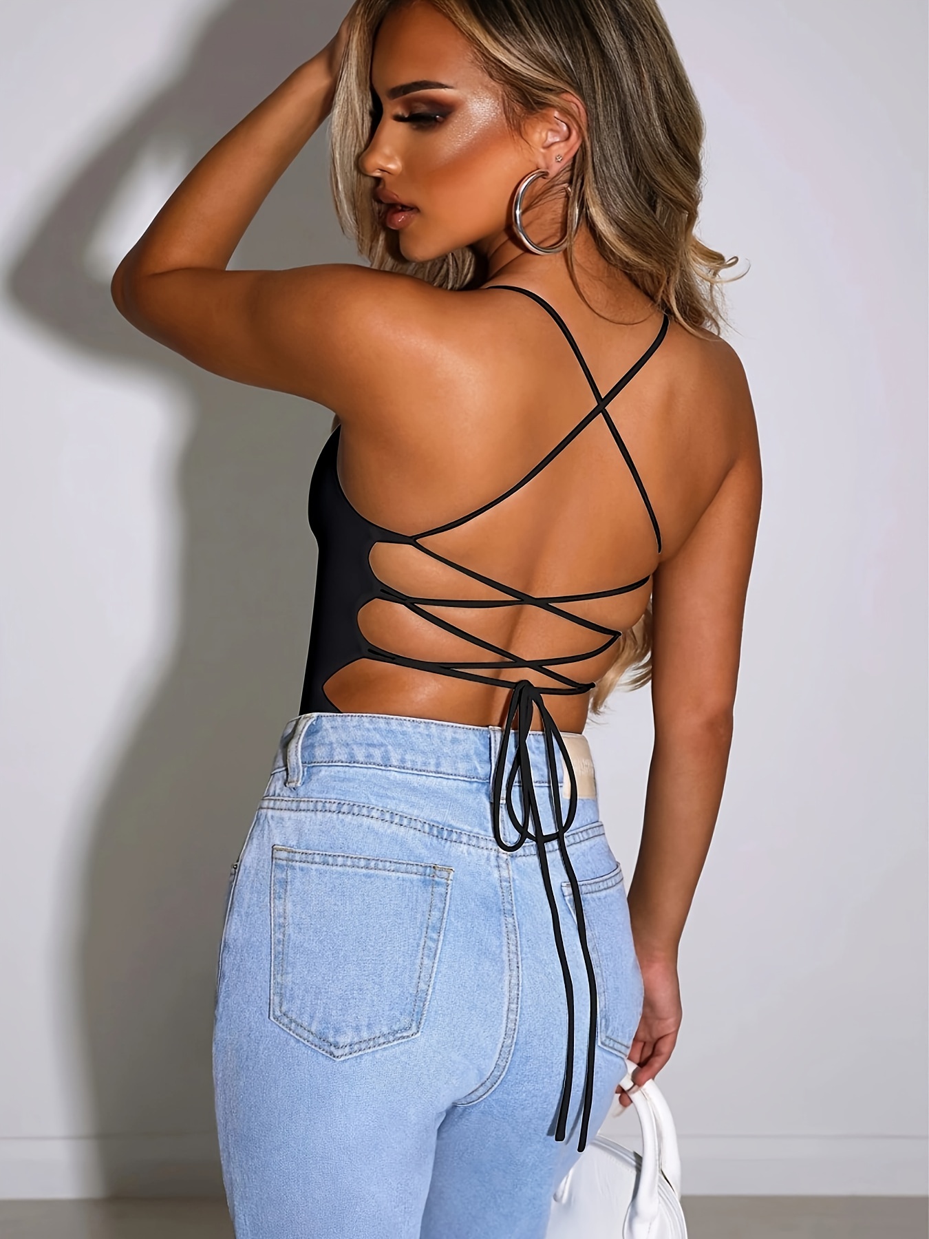 Solid Square Cami Bodysuit Sexy Backless Bodysuit - Temu