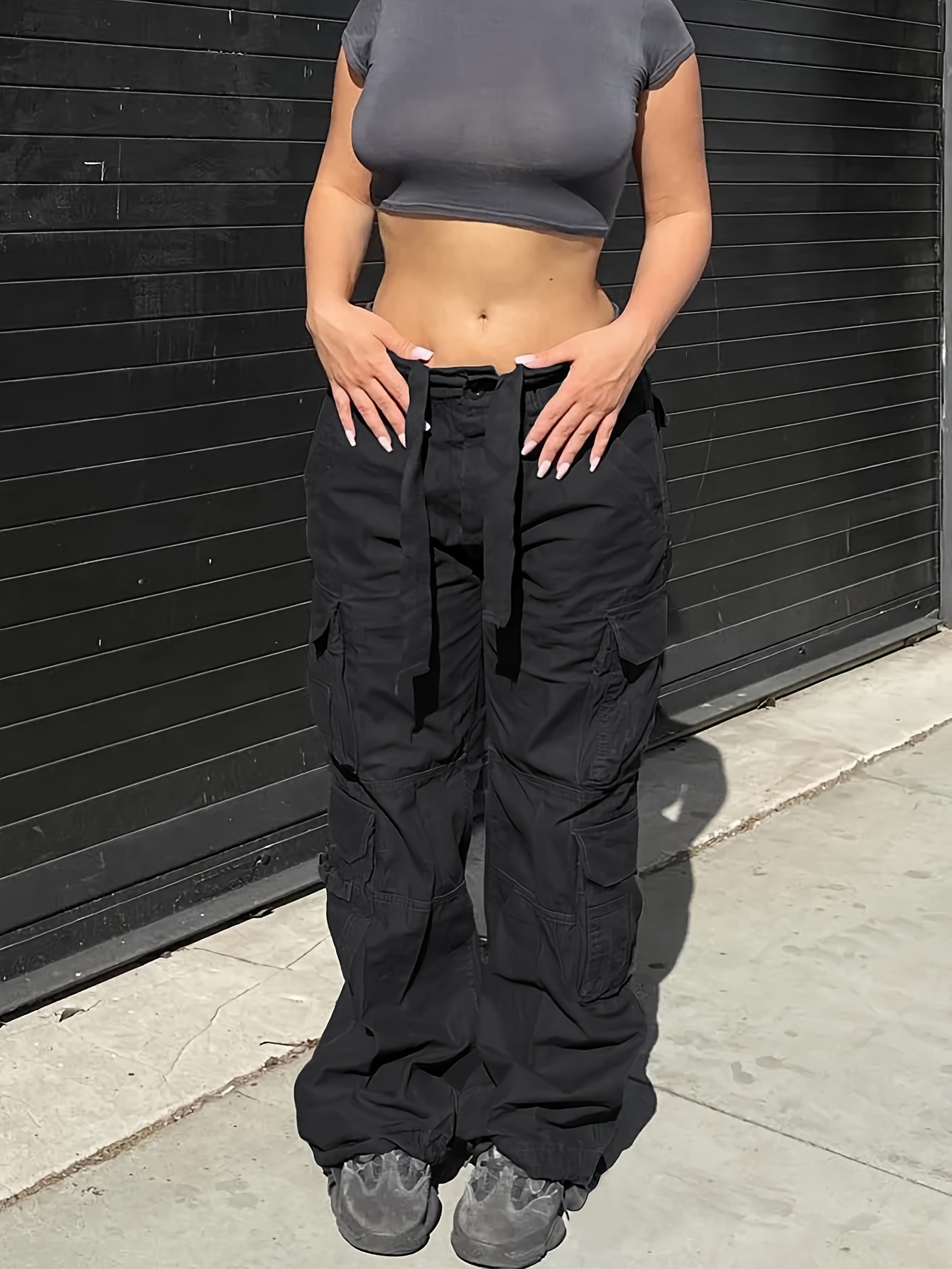 Y2K Loose Drawstring Cargo Pants, Casual Pocket High Waist Solid Wide Leg  Fashion Comfy Pants, Women's Clothing