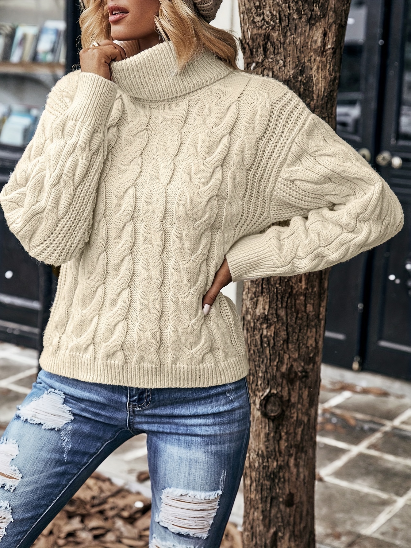 Solid Turtle Neck Cable Knit Sweater, Casual Fashion Loose Poncho Sweater,  Women's Clothing - Temu