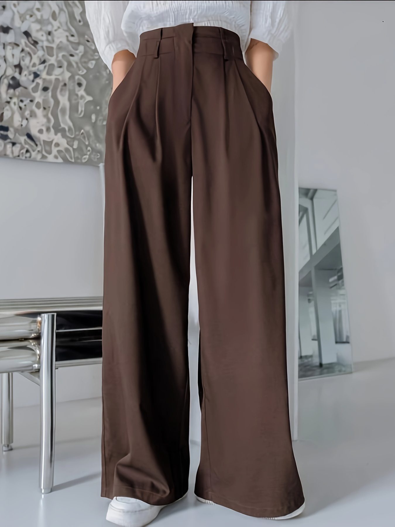 Pantalones Anchos De Cintura Alta, Pantalones Para La Oficina, Todos Los  Días, Ropa De Mujer