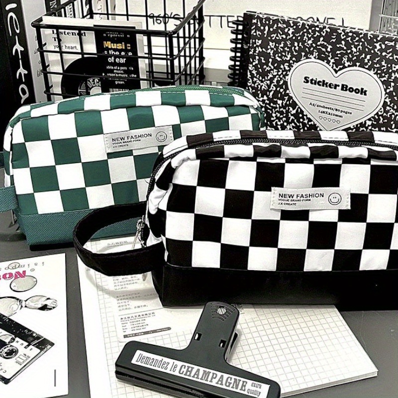 Checkerboard Pattern Makeup Bag, 1pc Large Capacity Contrast Knit