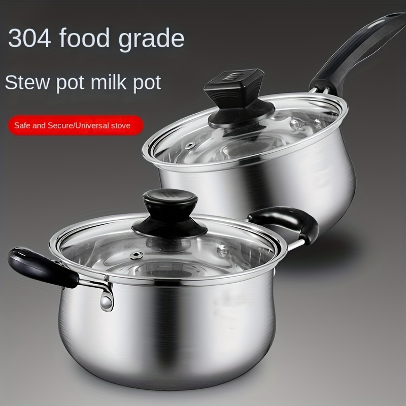 1pc, 304 Stainless Steel Food Grade Soup Pot, Thickened Bottomed Induction  Cooker, General Soup Pot, Small Milk Pot, Complementary Food Glass Cover, S