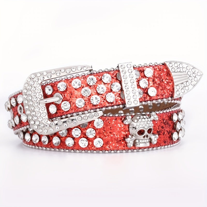 Y2k Rose Red Skull Belt Sparkling Rhinestone Inlaid Stone Pattern