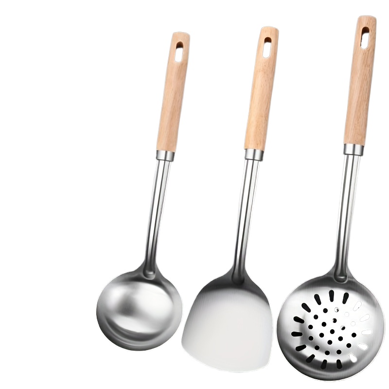 1pc Stainless Steel Cooking Utensil With Non-slip Wooden Handle, Hanging  Hole Design, For Kitchen & Restaurant Use, Including Spatula, Ladle,  Skimmer And Spoon