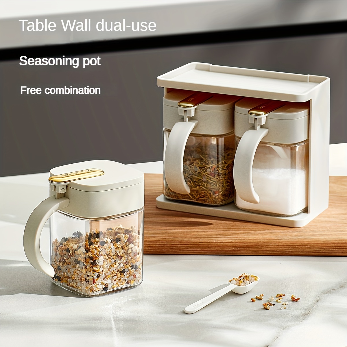 Kitchen Glass Seasoning Bottle Spice Jar Condiment Storage Box Salt Pepper  Shaker Sugar Flavoring Container With Lid and Spoon