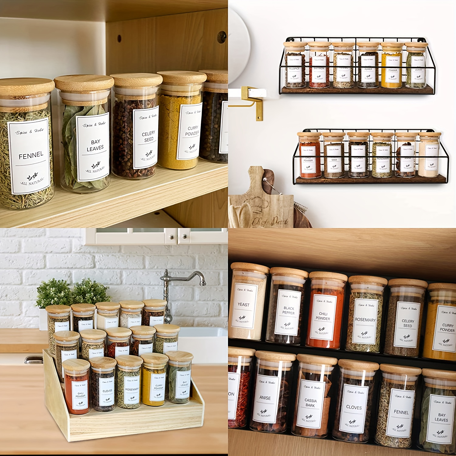 Spice Jars With Labels, Glass Spice Jars With Bamboo Lids, Minimalist  Farmhouse Spice Labels Stickers, Collapsible Funnel, Seasoning Storage  Bottles For Spice Rack, Cabinet, Drawer, Kitchen Tool, Chrismas Halloween  Party Supplies 