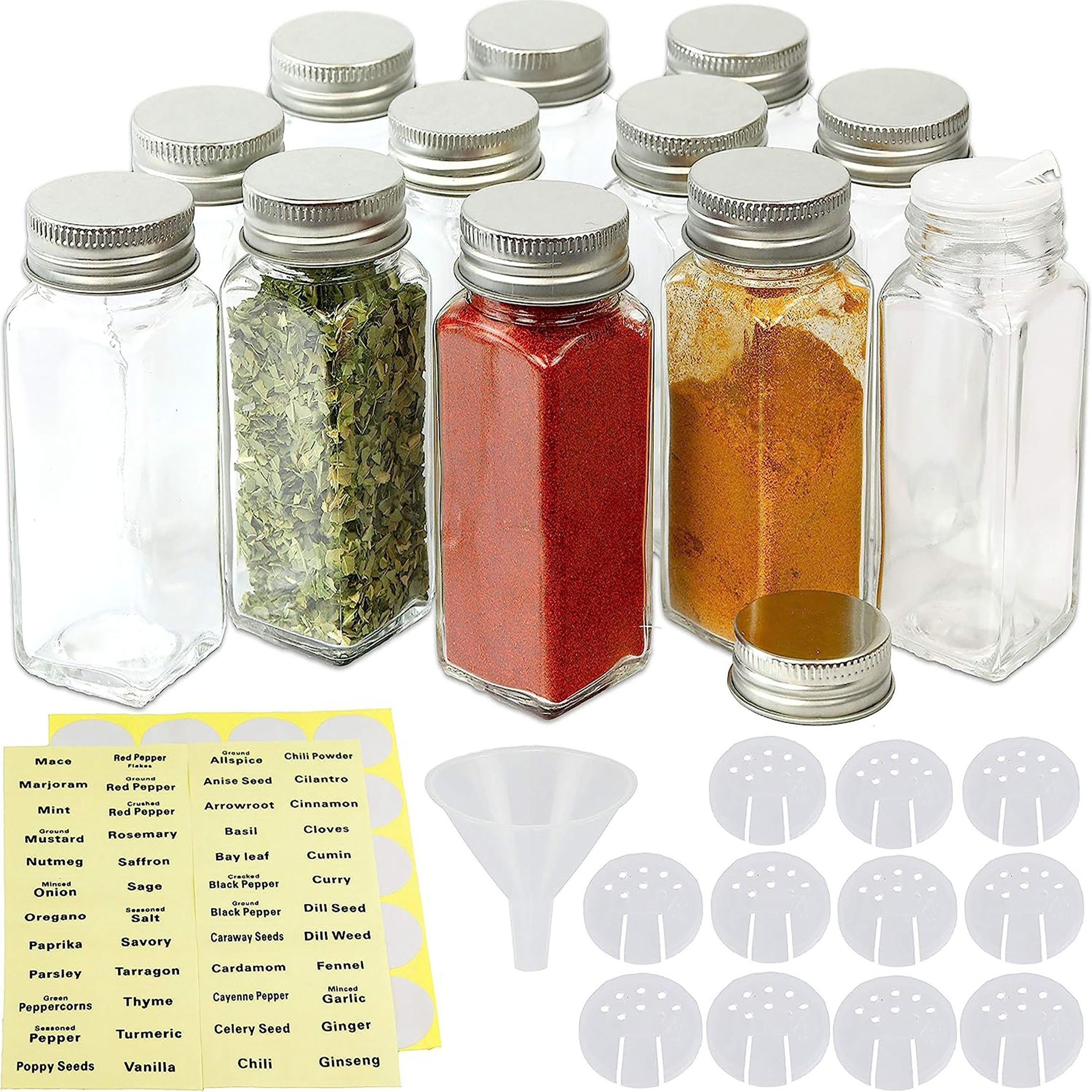 24 Pcs Glass Spice Jars/Bottles - 4oz Empty Square Spice Containers with  612 Spice Labels - Shaker Lids and Airtight Metal Caps - Silicone  Collapsible Funnel Included