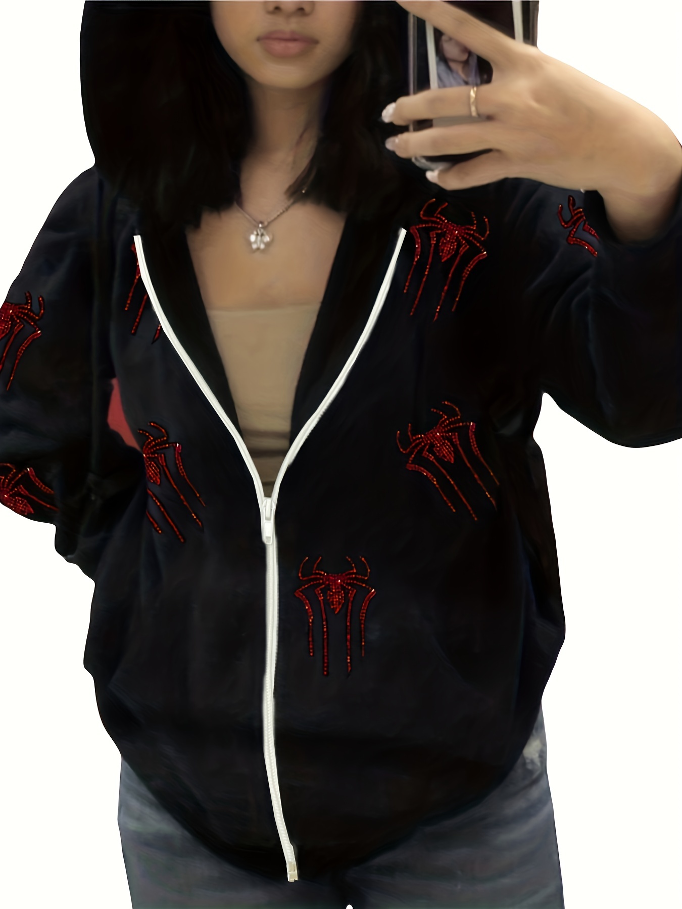 Hoodie Women's Rhinestone Spider Web Hooded Gothic Jacket