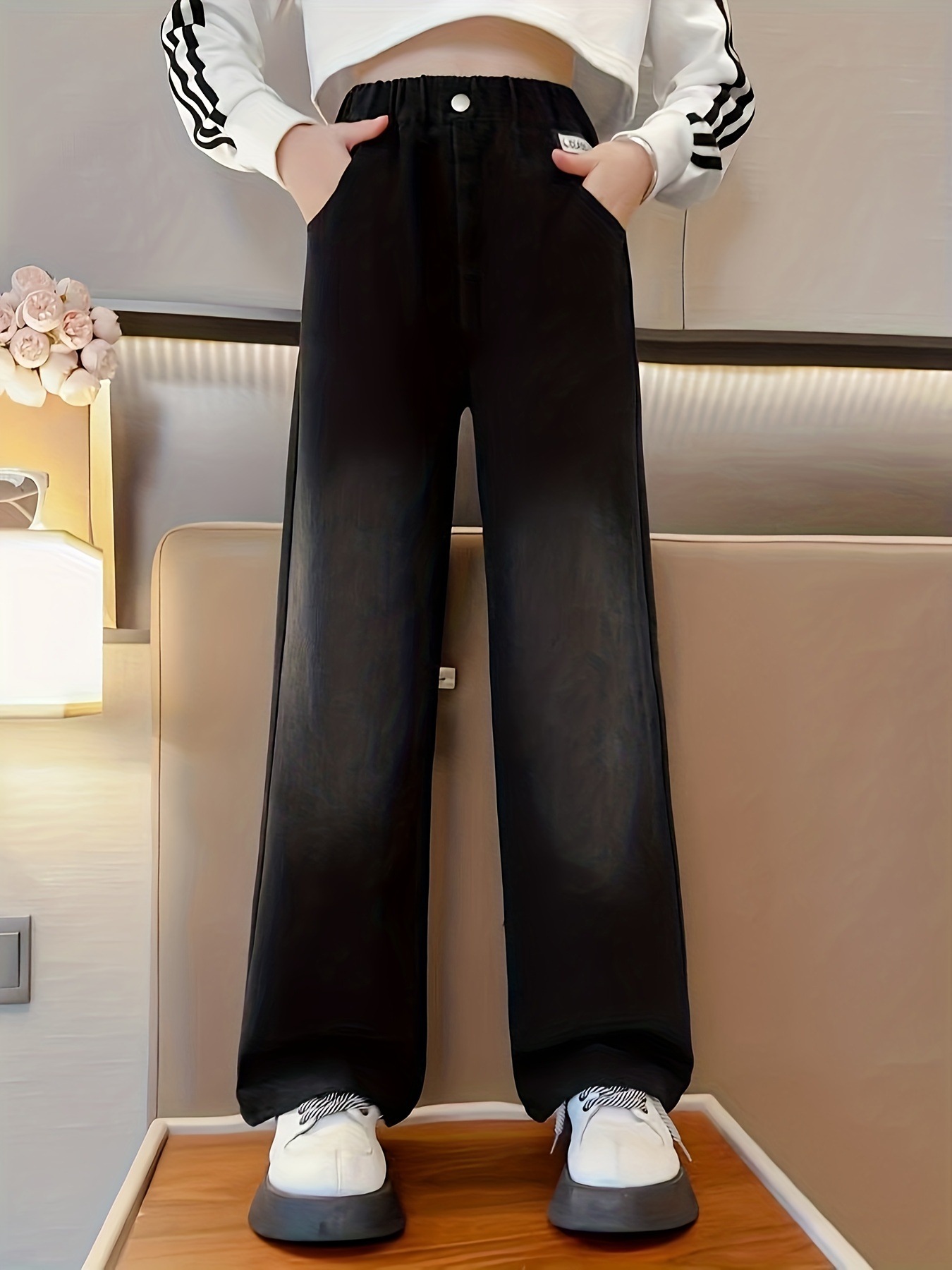 Teen Girls Casual Thermal Lined Multi-pocket Loose Cargo Trousers Wide-leg  Elastic Waist Straight Pants