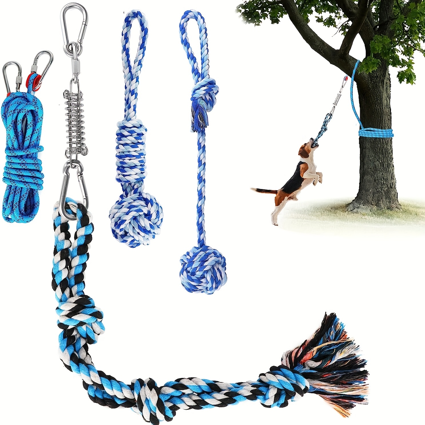 Filhome Dog Rope Toy, Spring Pole Dog Rope Toys Chew Proof Bungee Tug Toy  for Tug of War with Spring Pole Kit and 16ft Rope, Hanging Exercise Rope  for