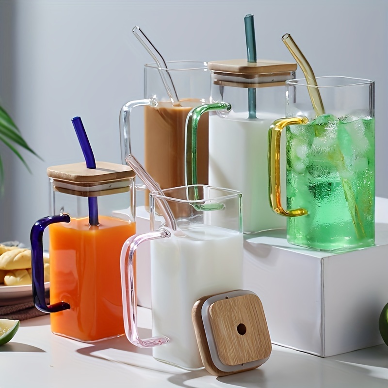 350/600ML Heat Resistant Square Glass with Lids and Straws Iced Coffee Milk  Bubble Tea Water