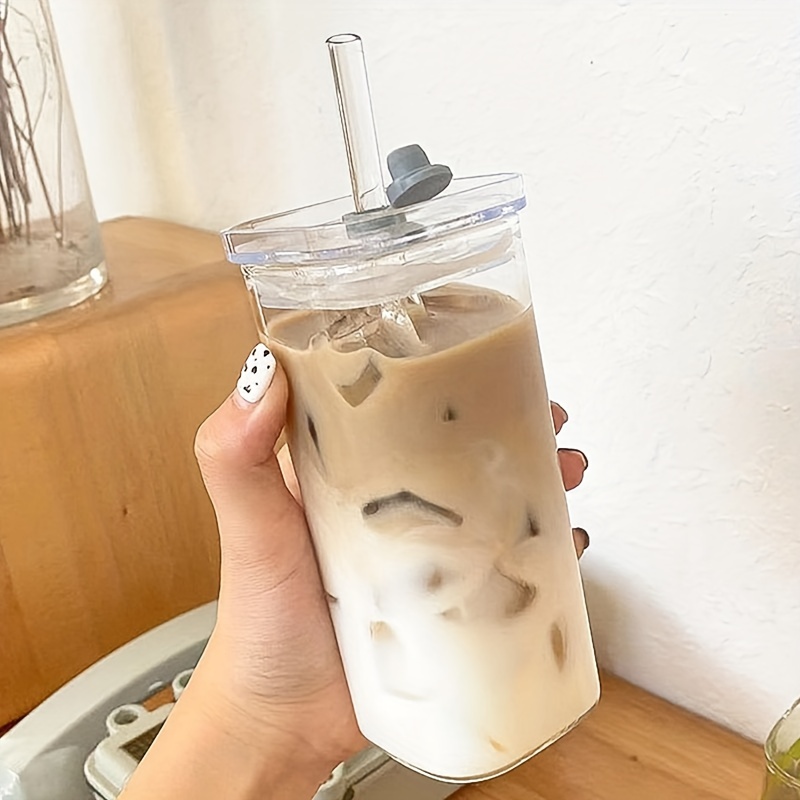 350/600ML Heat Resistant Square Glass with Lids and Straws Iced Coffee Milk  Bubble Tea Water