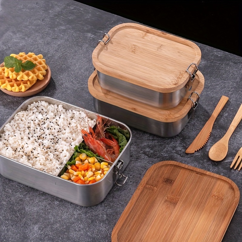 Lunch box en métal et bambou avec couverts