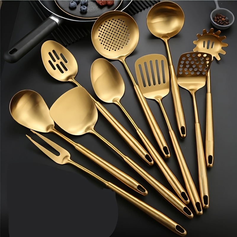 Herramientas y dispositivos de cocina blancos y dorados: herramientas de  cocina de lujo de 8 piezas con asas antideslizantes, juego de utensilios de