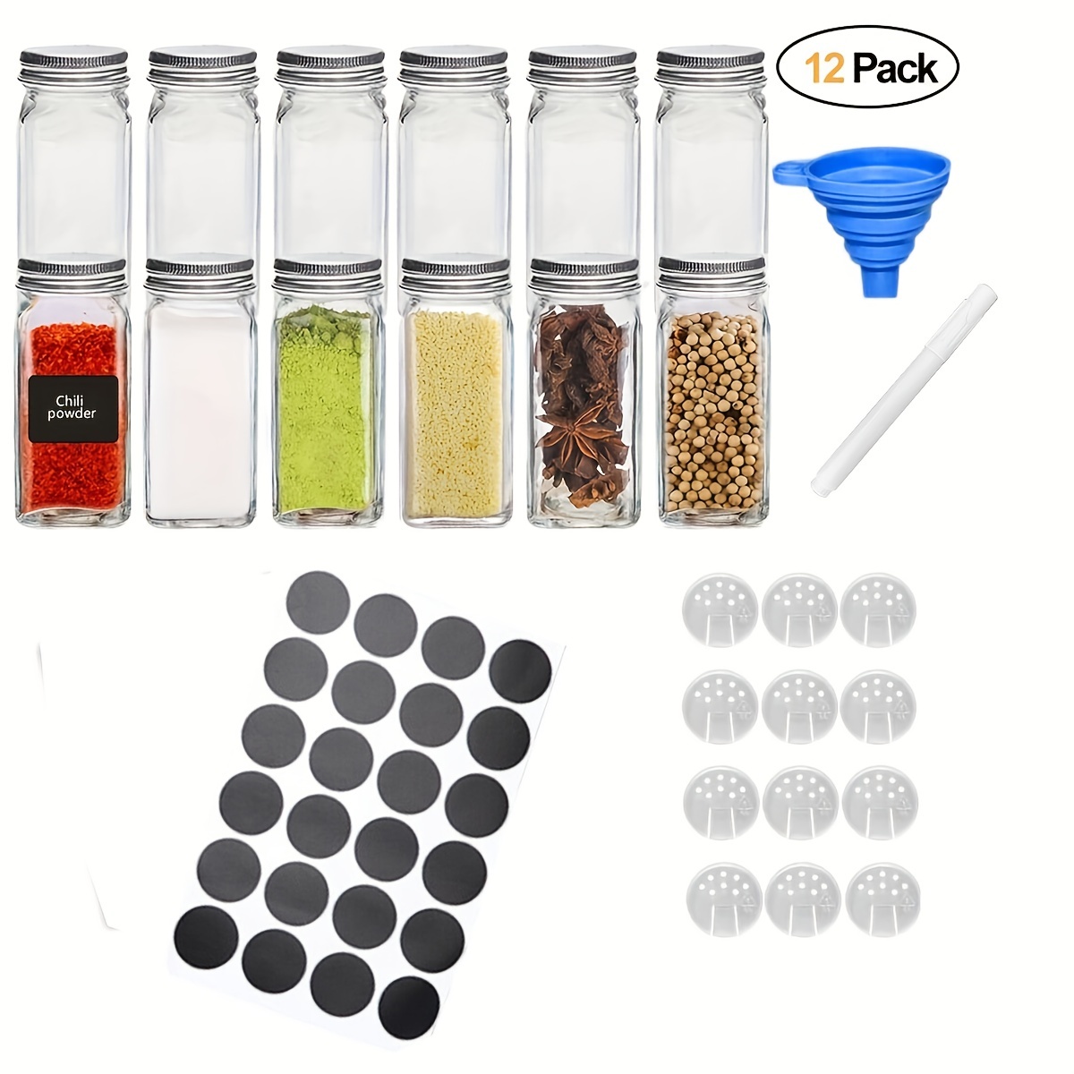 12pack Glass Jars Set With Minimalist Spice Labels, Square Spice