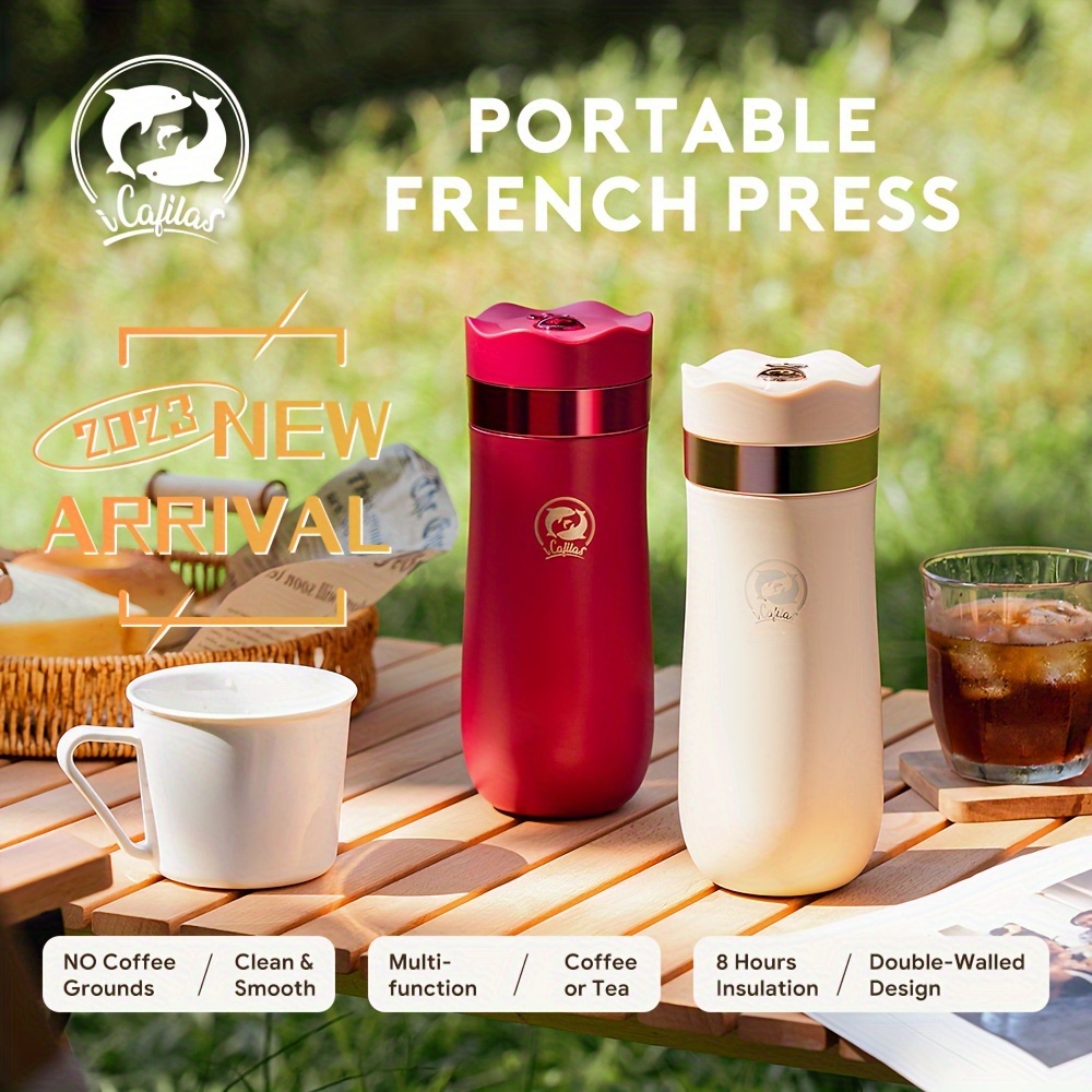 Portable French Press Travel Mug (15oz) - Stainless Steel & Double Wall Vacuum Pink Coffee Maker – Single Serve French Press for Travel, Home