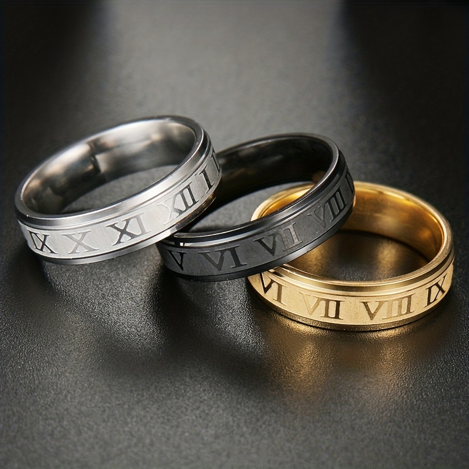 Anillos de acero para hombre y mujer con números romanos grabados en relieve