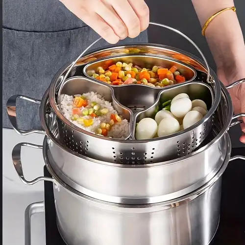 1 Set Double-layer Food Steamer Food Steaming Tool Stainless Steel Steaming  Pot