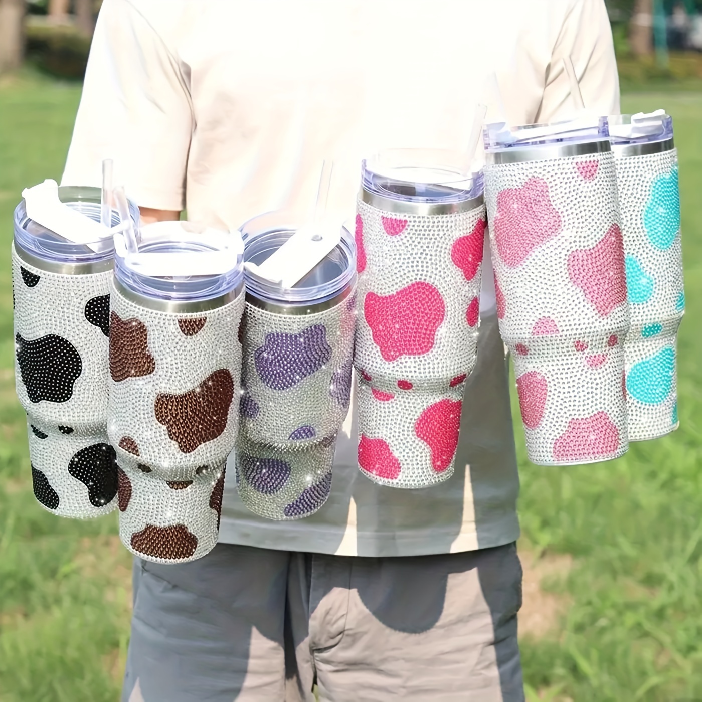 Cow Print Studded Tumbler With Lid And Straw, Stainless Steel Thermal Water  Bottle With Handle, Shiny Stanley Cups, Portable Drinking Cups, For Car,  Home, Office, Summer Drinkware, Travel Accessories, Birthday Gifts 