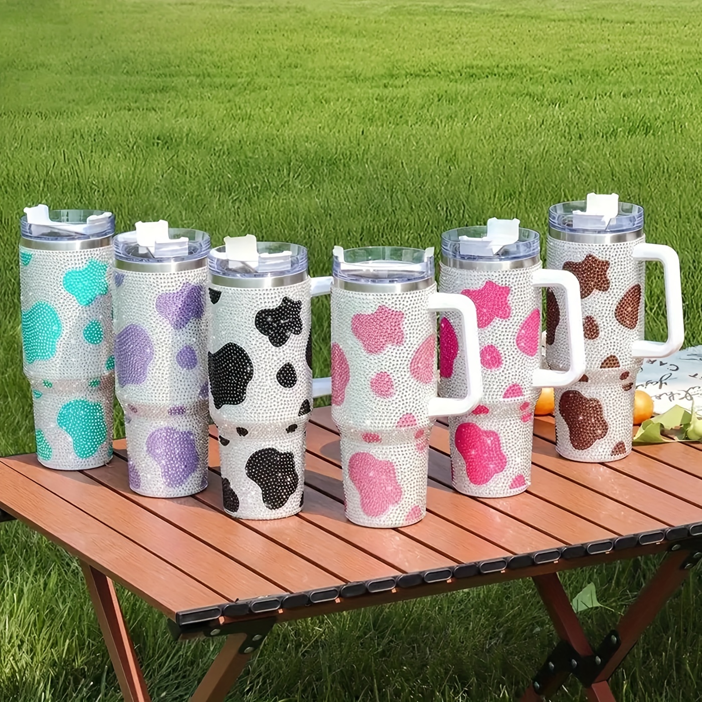 1pc, Cow Print Tumbler With Lid And Straw, 40oz Stainless Steel Thermal  Water Bottle With Handle, Shiny Studded Car Cups, Portable Drinking Cups,  For Car, Home, Office, Summer Drinkware, Travel Accessories, Birthday