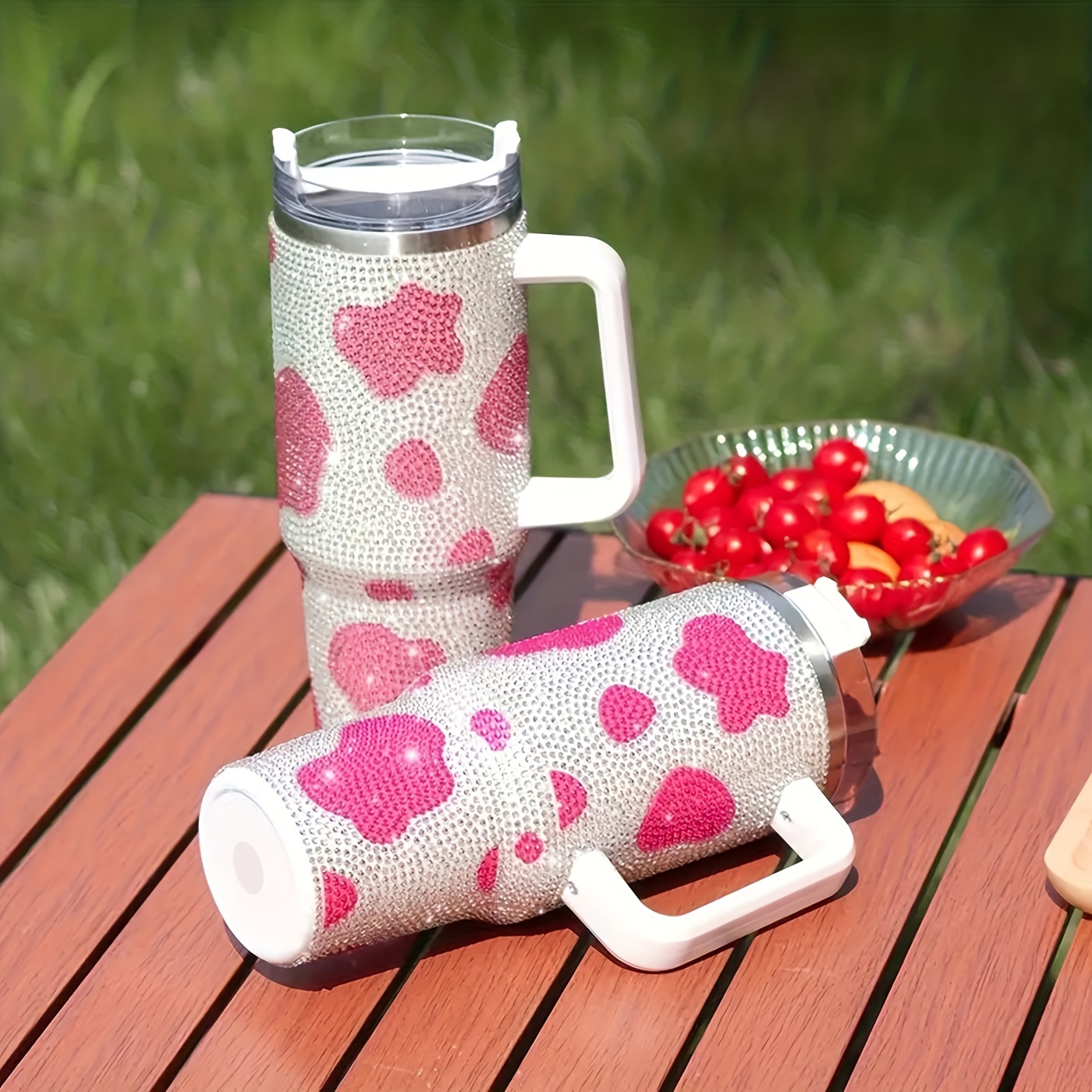 1pc, Cow Print Tumbler With Lid And Straw, 40oz Stainless Steel Thermal  Water Bottle With Handle, Shiny Studded Car Cups, Portable Drinking Cups,  For