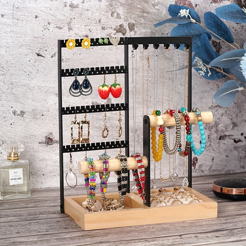 Organizador de joyas de madera rústica, con montaje de pared, para aretes,  collares, brazaletes y otros accesorios
