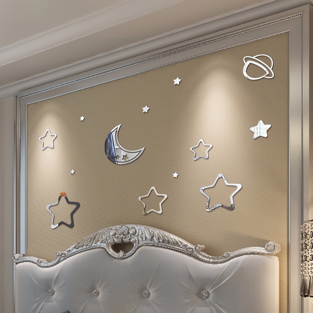 32pcs Moon & Star Shaped Mirror Wall Sticker Silvery Decorative Mirror  Sticker For Home Decor