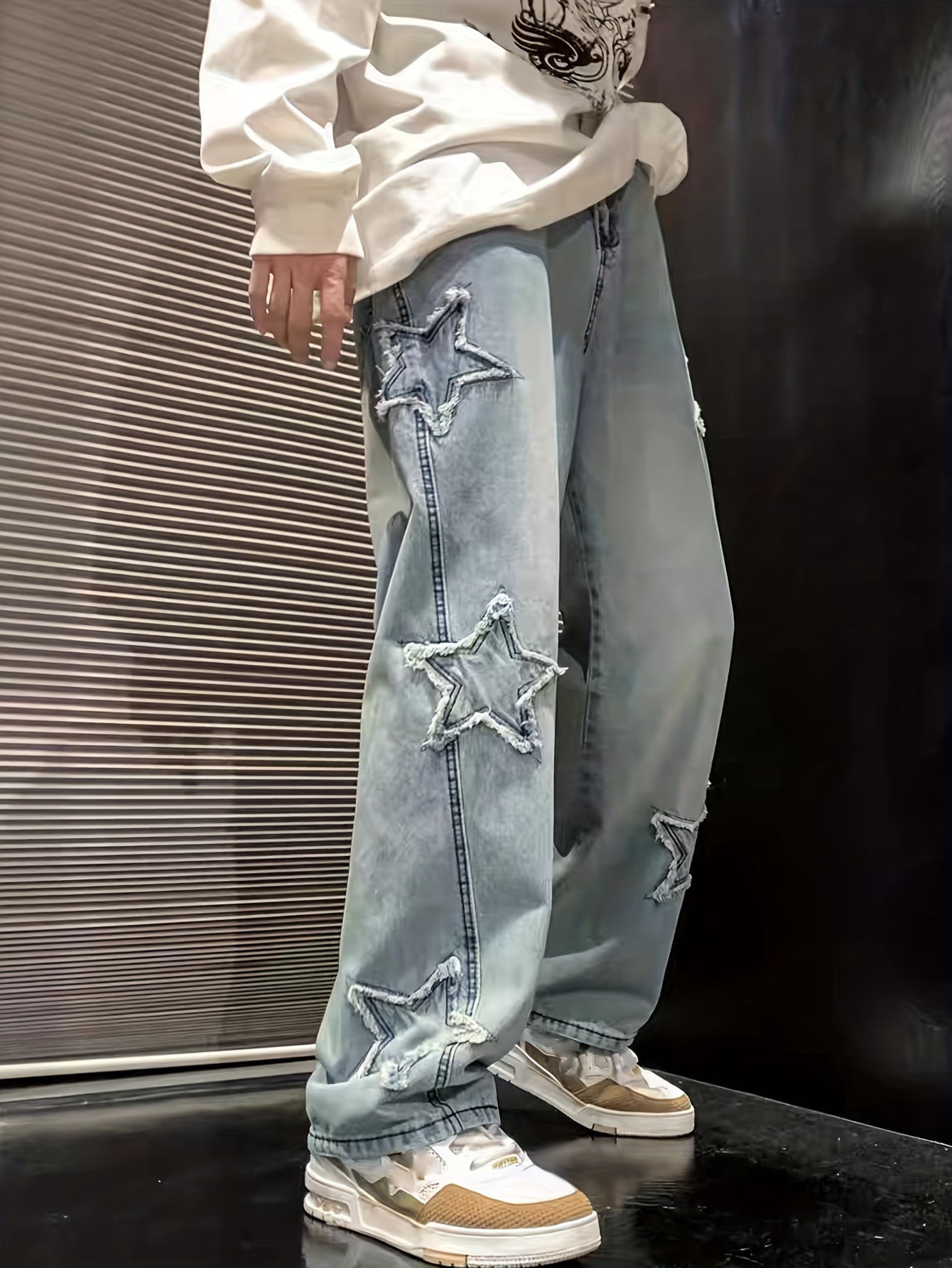 Y2K Five-Pointed Star Jeans Vintage Men's Loose Streetwear Hip Hop Zip  Patchwork Blue Straight Casual Jeans (Blue,S,Small) at  Men's  Clothing store