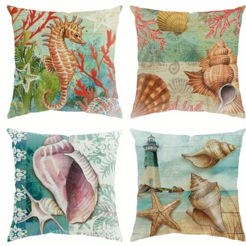 Marine Life Cushion Covers Vintage Polyester Linen Starfish Shell Octopus  Conch Pillowcase Sofa Without Pillow Inserts - Temu