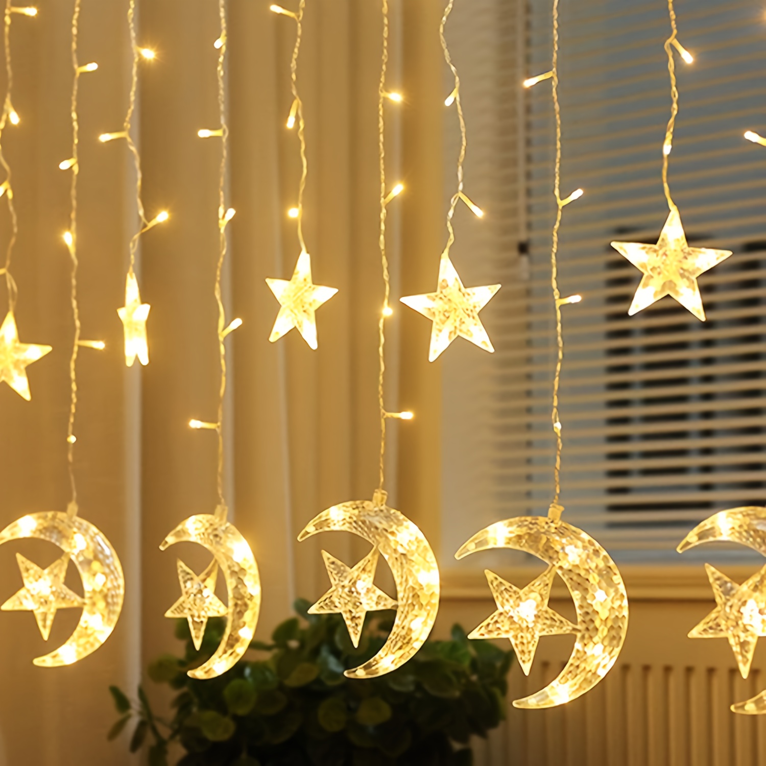 Decorative 5 Animated Crescent and Star Led Curtains , Led Star Curtain  Light, Star Curtain Lights LED String Lights,window Curtain Lights 