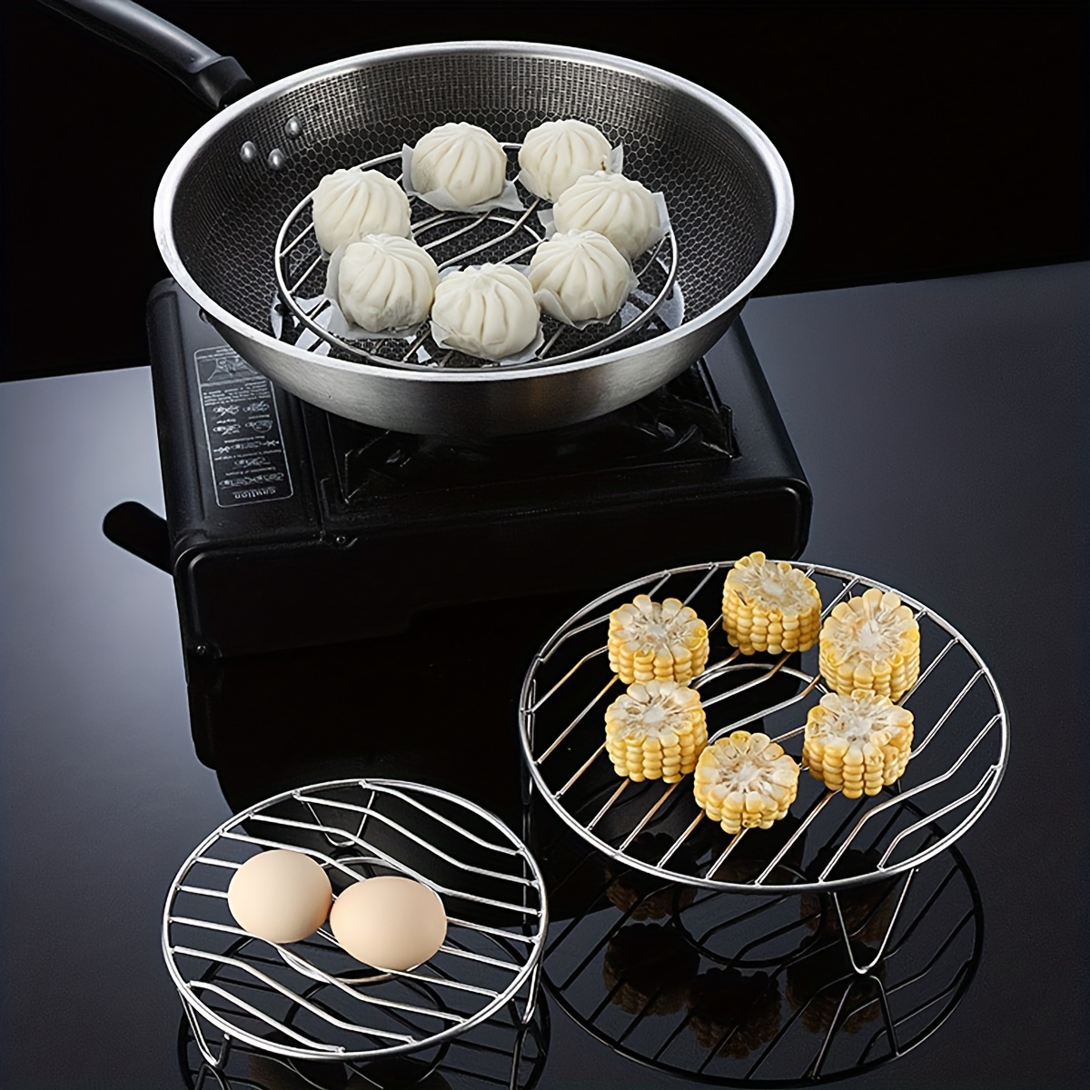 1set/2pcs 304 Stainless Steel Foldable Double-layer Steaming Rack With 7  Holes, Multifunctional Egg Steamer, Anti-scald Silicon Handle