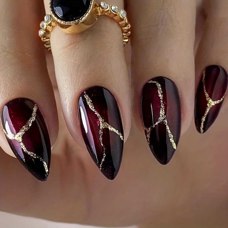 Dark Red Fall Press Nails Maple Leaf Flame Glitters Full - Temu